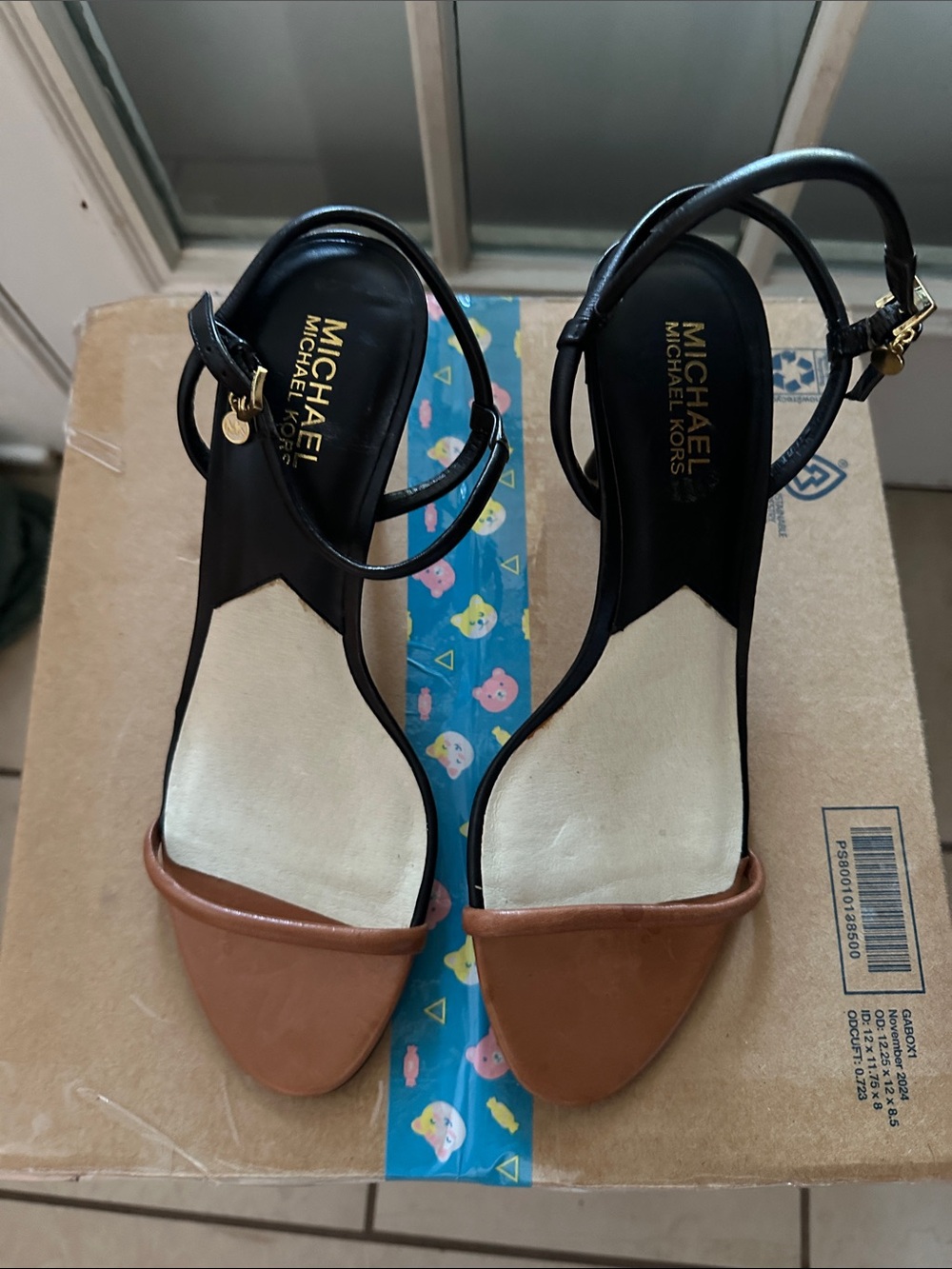 Michael Kors 9.5 Black and Brown Open-Toe Ankle-Strap Heels